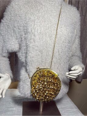 Gold Beaded Round Crossbody Clutch with Chain Strap